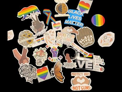Picture of several social justice stickers