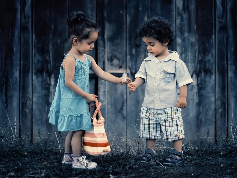 Photo of two toddlers sharing with one another.