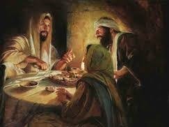 Painting of disciples listening to Jesus around a table.