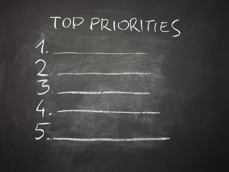 Photo of chalkboard with 'Priorities' written on it with lines from 1-5.
