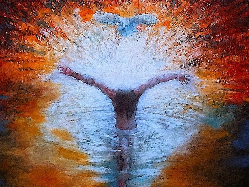 Artwork of Jesus' baptism with the Holy Spirit descending as a dove.