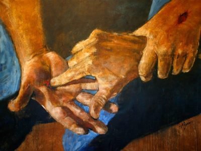 Painting of the wounded hands of Christ.