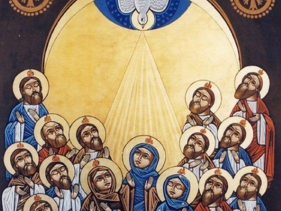Art depicting the dove descending on the disciples on the day of Pentecost