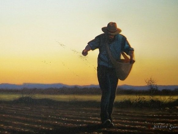 Painting of a farmer sowing see by hand.
